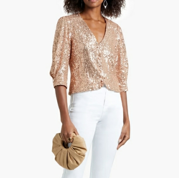 Maje Rose Gold Sequin Vneck Blouse Top Sz small - Picture 1 of 8